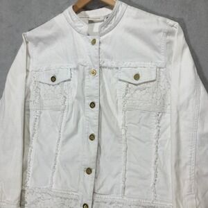 Chico's Denim Jacket Lace Trim Gold‎ Button Up White Jean Jacket Size 4